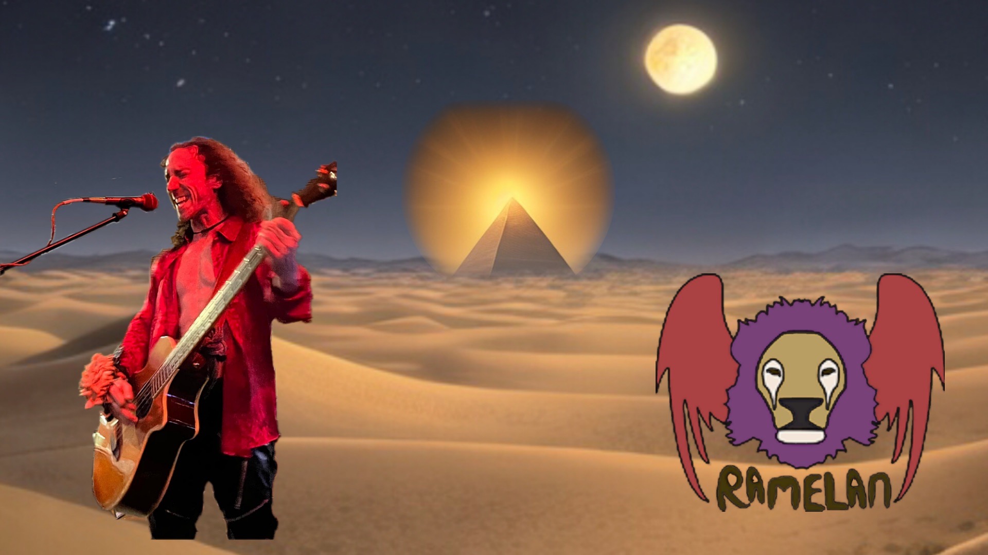 Header Image: AI art desert dunes at night with moon and shining pyramid, photo of Matthew Rondeau playing desert bass and singing, and logo of Ramelan griffin