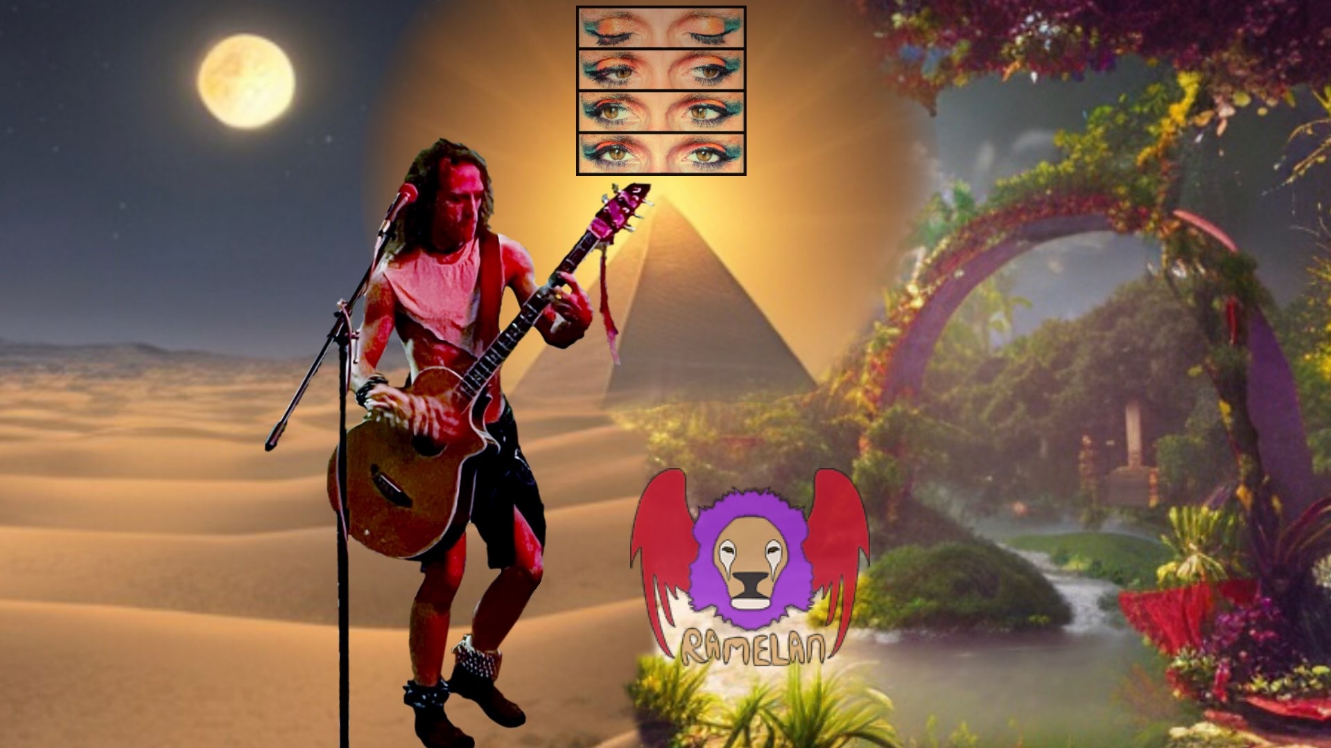 Header with desert background morphing into paradise, Ramelan standing before a mic with bass and triple shakers, “You’re Sexy” cover art above the shining pyramid, and Ramelan logo